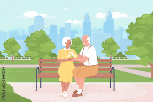 Older couple on romantic date flat color vector illustration. Senior man giving bouquet to elderly woman. Spending time together. Fully editable 2D simple cartoon characters with park on background