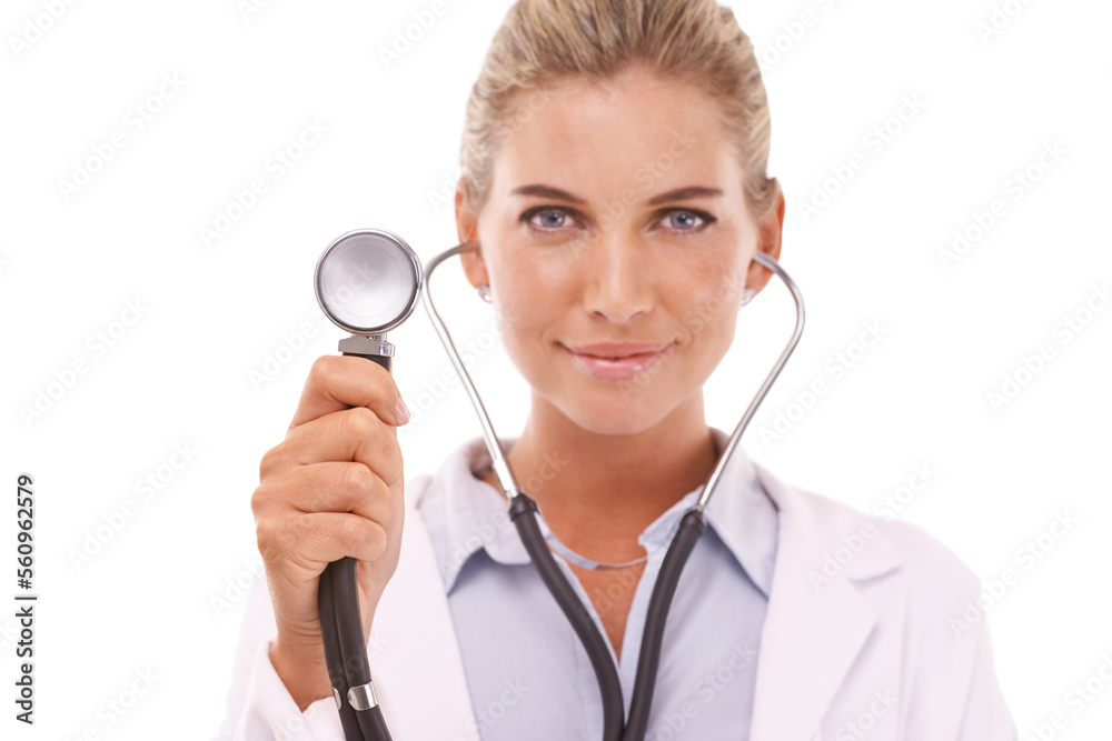 Healthcare doctor, face and woman with stethoscope in studio on a white background. Portrait, cardiology and female medical cardiologist from Canada holding equipment for heart health and wellness.