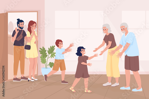 Family meeting flat color vector illustration. Bonding with grandkids. Visiting grandparents house for summer. Fully editable 2D simple cartoon characters with cozy house interior on background