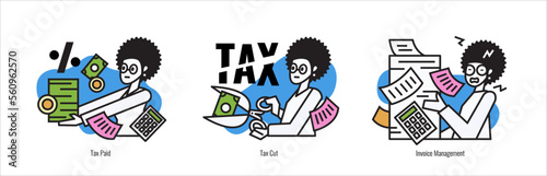 Tax concept illustration set. African woman with tax deadline, Tax payment, tax cut, invoice management. flat design