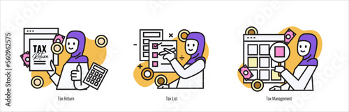 Tax concept illustration set. Muslim woman with tax management, Tax return, tax list, filled form. flat design