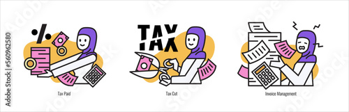 Tax concept illustration set. Muslim woman busy with tax deadline, Tax payment, tax cut, invoice management. flat design