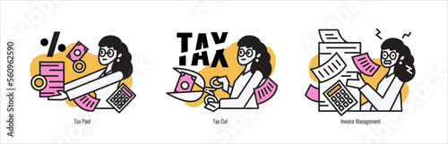 Tax concept illustration set. Woman busy with tax deadline, Tax payment, tax cut, invoice management. flat design