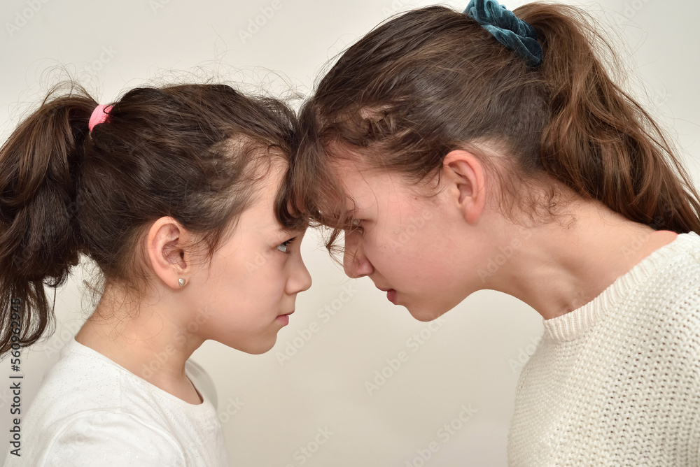 Two angry sisters standing face to face, quarreling and looking at each other Two angry sisters standing face to face, quarreling and looking at each other