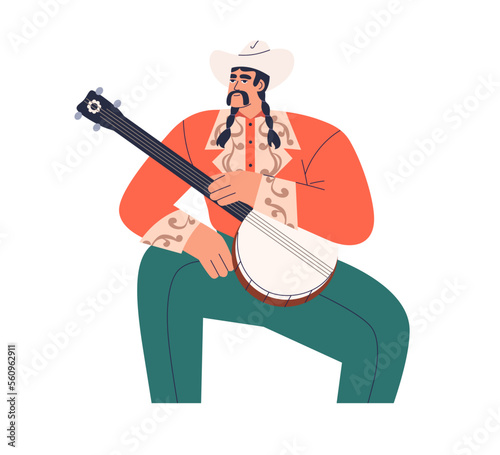 Musician holding banjo. Country music performer portrait with ethnic string i...