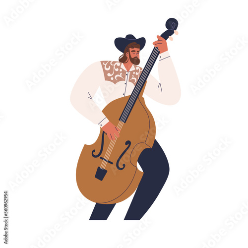 Double bass player performing classic music. Musician artist standing, holding string instrument, playing with fingers. Professional performer. Flat vector illustration isolated on white background