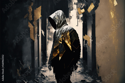 Faceless man wearing ample clothes, concept illustration for hip hop fashion, gold and black colors