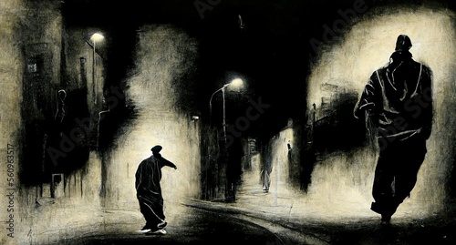 silhouette of a man wearing large clothes in a darlk street  hip hop or gang concept illustration