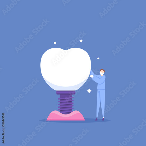 dental implants. the procedure of implanting artificial tooth roots that are shaped like bolts in the jaw to support the crown of an artificial tooth. a dentist inserts a denture into the gums