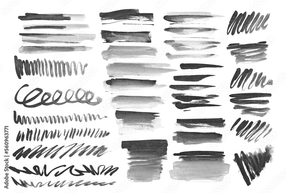 Set abstract painted watercolor  brush strokes, different grunge lines isolated on white background, with clipping path