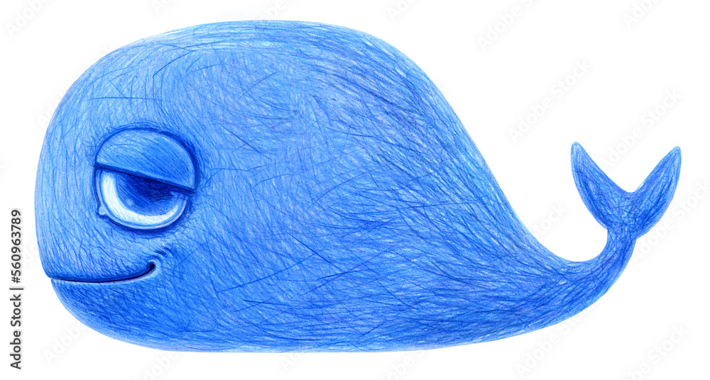 Cute blue whale illustration hand drawn with colored pencils. Suitable for print, postcard