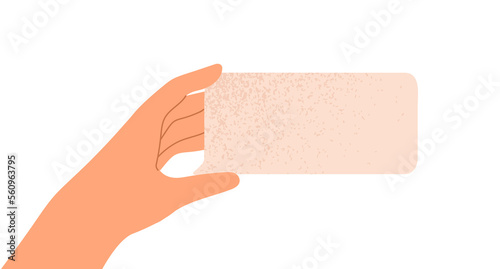 Blank speech bubble in hand. Empty paper dialog card for comment, thought, quote. Arm holding, showing abstract message, feedback, opinion. Flat vector illustration isolated on white background
