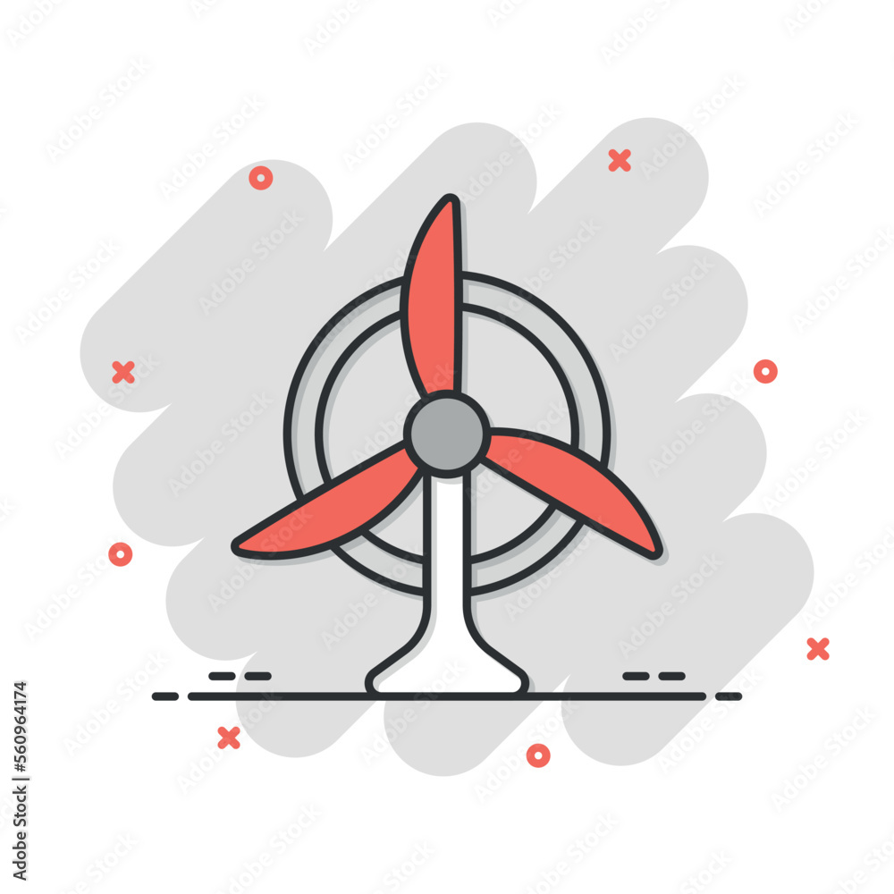 Wind power plant icon in comic style. Turbine cartoon vector illustration on white isolated background. Air energy splash effect sign business concept. Wind power plant icon in comic style. Turbine cartoon vector illustration on white isolated background. Air energy splash effect sign business concept.