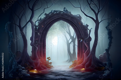 Archway in an enchanted fairy forest landscape, misty dark mood
