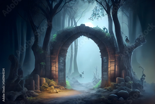 Archway in an enchanted fairy forest landscape  misty dark mood