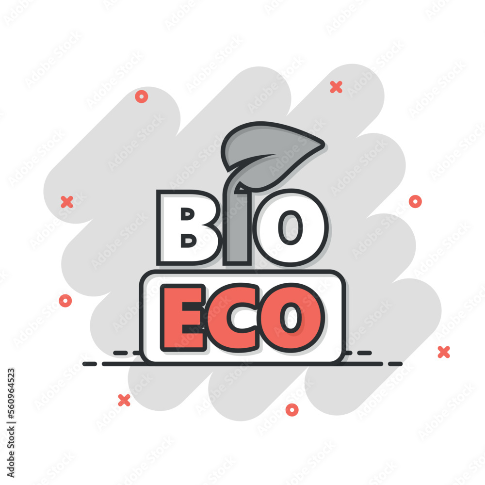 Natural product icon in comic style. Bio, eco badge cartoon vector illustration on white isolated background. Vegan emblem splash effect sign business concept. Natural product icon in comic style. Bio, eco badge cartoon vector illustration on white isolated background. Vegan emblem splash effect sign business concept.
