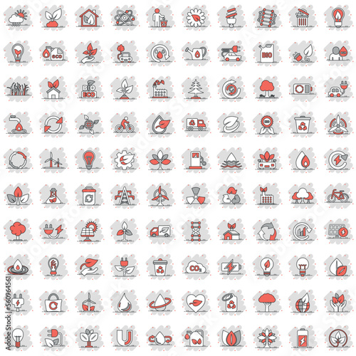 Eco environment icons set in comic style. Ecology cartoon vector illustration on white isolated background. Bio emblem splash effect sign business concept.