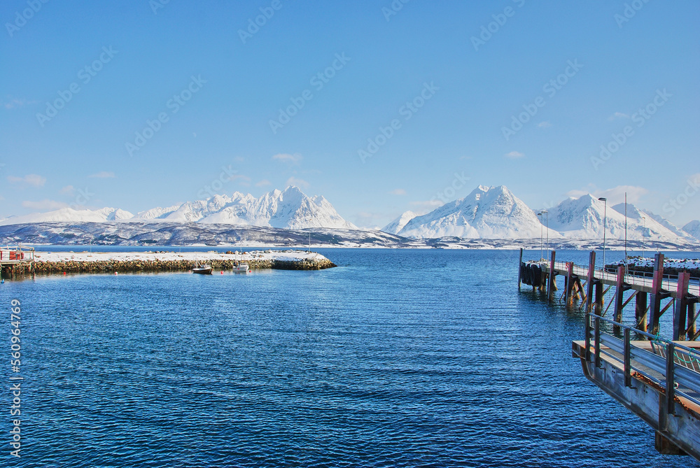 Obraz premium winter landscape with snow covered mountains o a fjord