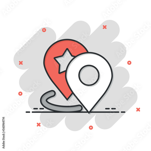 Map pin icon in comic style. GPS navigation cartoon vector illustration on white isolated background. Locate position splash effect business concept.