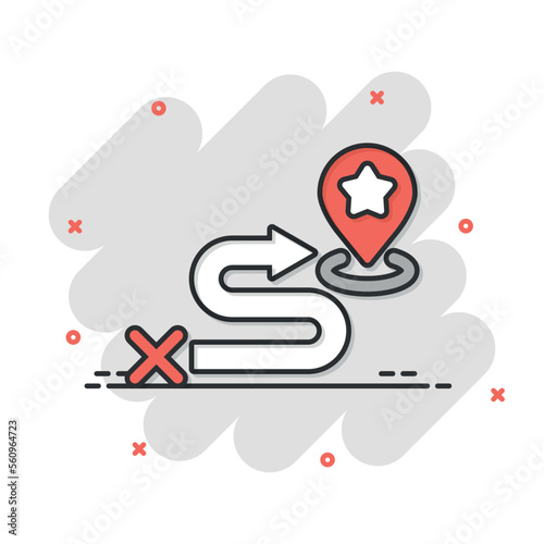 Map pin icon in comic style. gps navigation cartoon vector illustration on white isolated background. Locate position splash effect business concept.