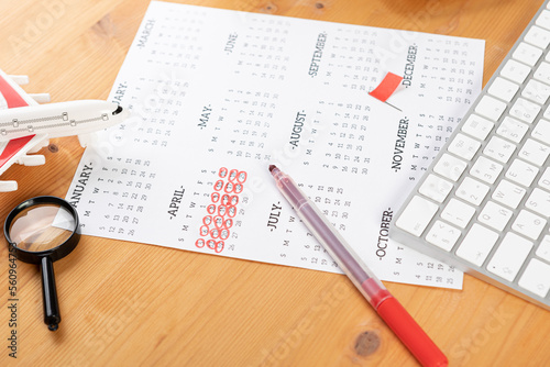 Planner Calendar and agenda reminders, work from home. for plan daily meeting and note holiday trip in diary at office desk. 2023 calendar reminder concept.