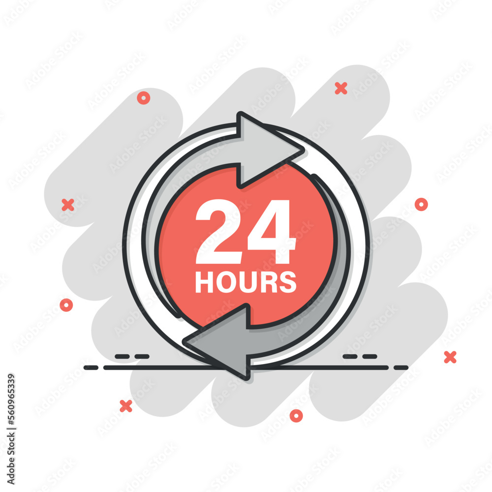 24 hours service icon in comic style. All day business and service cartoon vector illustration on isolated background. Quick service time splash effect sign business concept. 24 hours service icon in comic style. All day business and service cartoon vector illustration on isolated background. Quick service time splash effect sign business concept.