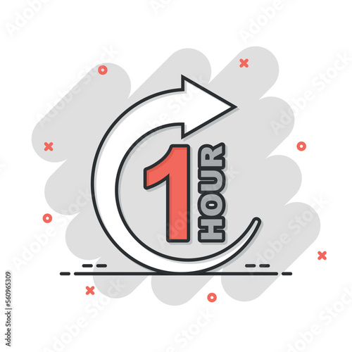 1 hour clock icon in comic style. Timer countdown cartoon vector illustration on isolated background. Time measure splash effect sign business concept.