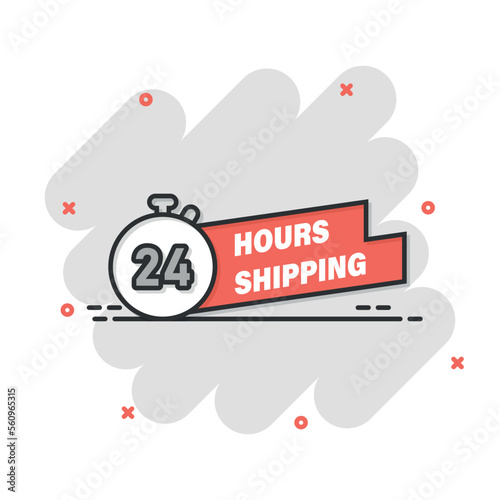 Shipping 24 hours icon in comic style. Delivery countdown cartoon vector illustration on isolated background. Quick service time splash effect sign business concept.