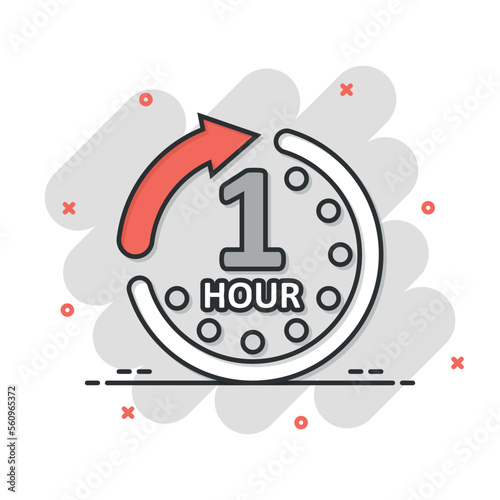 1 hour clock icon in comic style. Timer countdown cartoon vector illustration on isolated background. Time measure splash effect sign business concept.