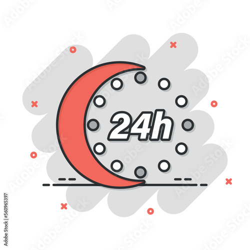 24 hours clock icon in comic style. Timer countdown cartoon vector illustration on isolated background. Time measure splash effect sign business concept.