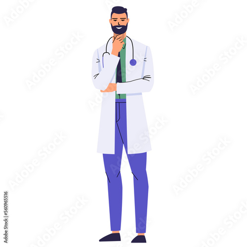 Bearded doctor stands and thinks. A medical worker dreams, makes plans, makes decisions. A man in a white coat and a stethoscope. The character is isolated on a white background. Flat vector.