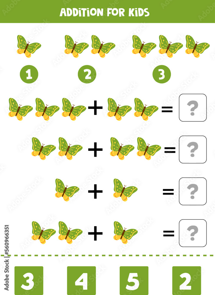 Addition for kids with cute green butterflies.
