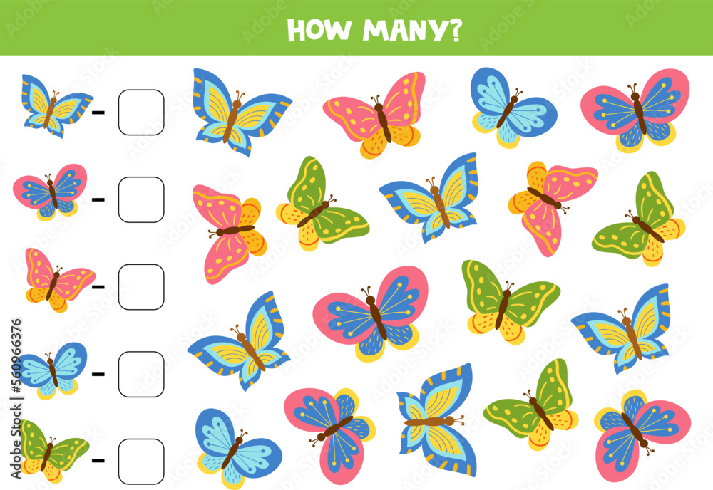 Counting game with cute cartoon butterflies. Math worksheet.