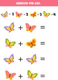 Addition game with different butterflies. Educational math game for preschool kids.