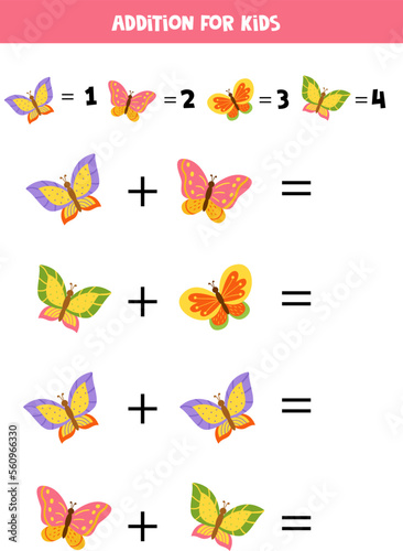 Addition game with different butterflies. Educational math game for preschool kids.