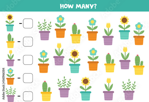 Counting game with cute cartoon flowerpots. Math worksheet.