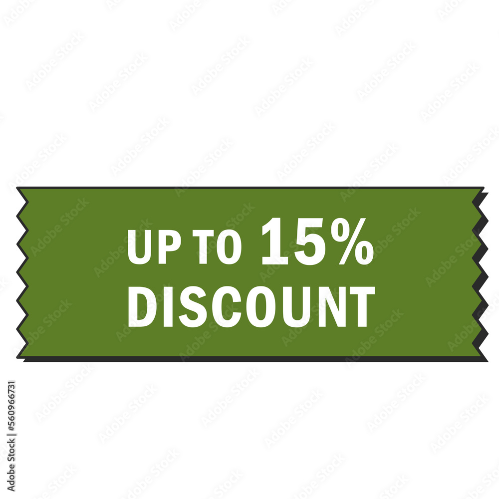 Discount up to 15 percent. Discount offer price tag. Discount up to 15 percent. Discount offer price tag.
