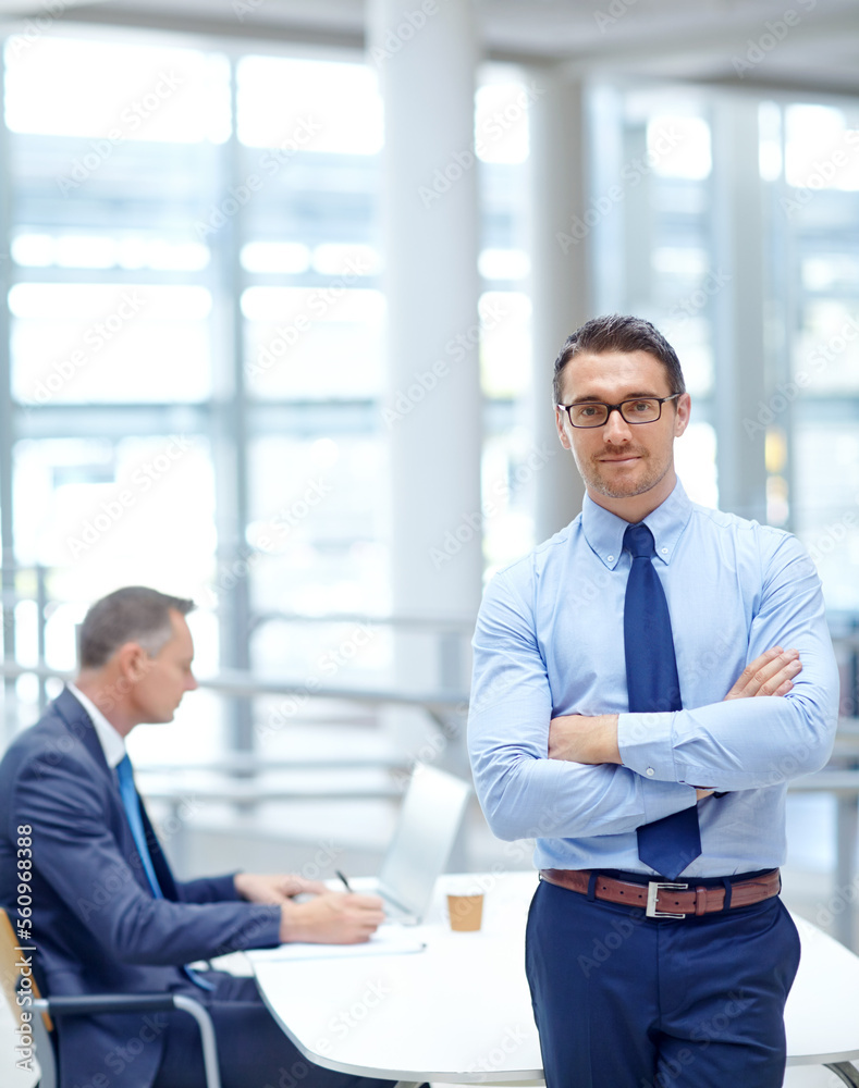 Portrait, vision and mindset with a business man in his office standing arms crossed in a confident pose. Growth, mission and management with a male employee at work for future success in corporate Portrait, vision and mindset with a business man in his office standing arms crossed in a confident pose. Growth, mission and management with a male employee at work for future success in corporate