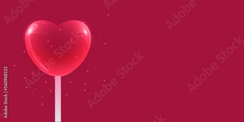 Red heart-shaped lollipop with sparks on a red background. Happy Valentine's day invitation, card, etc. with free space on right.