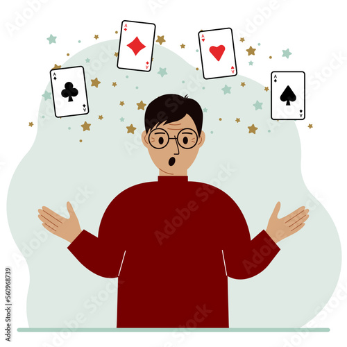Man holding playing cards cards. Playing combination of 4 aces or four of a kind.