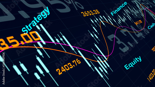 Stock exchange and investment. Candle stick chart, lines, numbers and percentage signs. Stock market and exchange, trading, investment and financial figures concept. 3D illustration