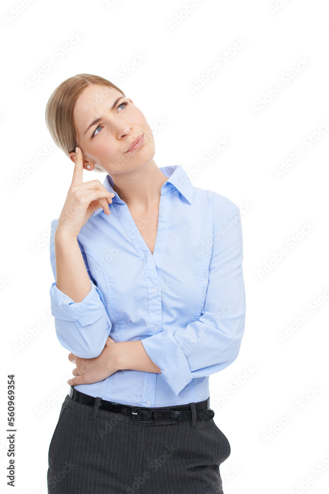 Thinking, doubt and a business woman with ideas isolated on a white background with a decision or choice. Face of a female entrepreneur in studio with a question or idea for advertising and marketing Thinking, doubt and a business woman with ideas isolated on a white background with a decision or choice. Face of a female entrepreneur in studio with a question or idea for advertising and marketing