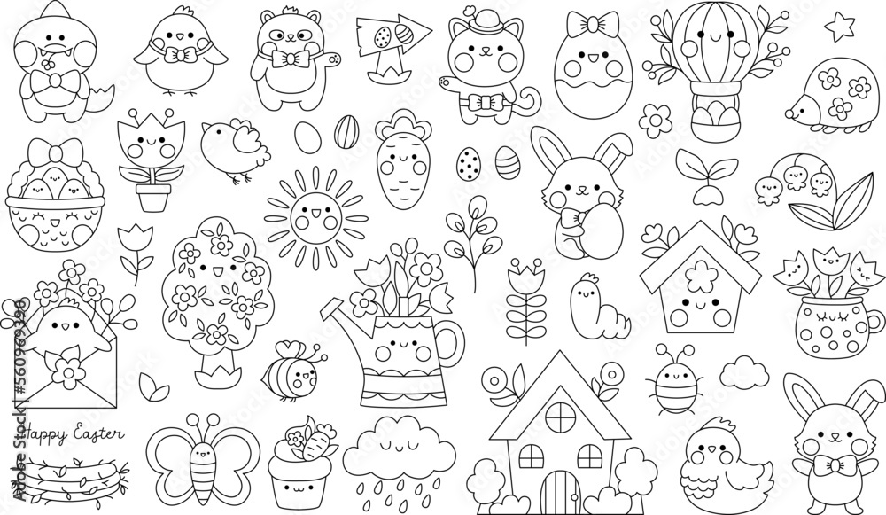 Vector black and white kawaii Easter clipart set for kids. Cute cartoon characters. Traditional ...