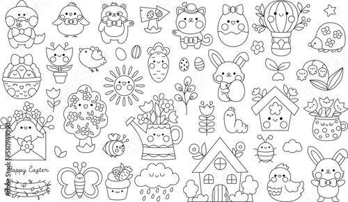 Vector black and white kawaii Easter clipart set for kids. Cute cartoon characters. Traditional line symbols collection with bunny, eggs, bird, chick, basket, flowers. Spring holiday coloring page.