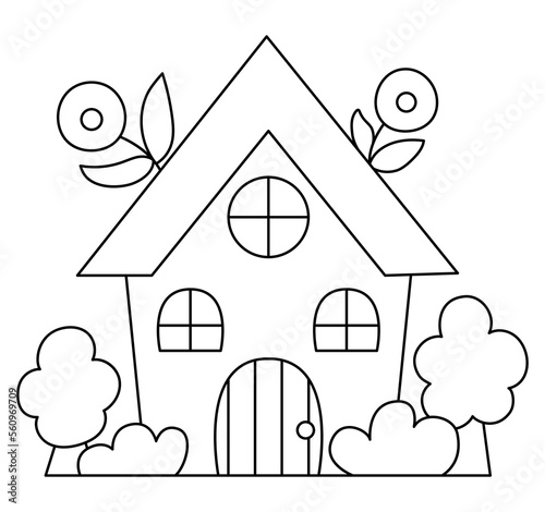 Vector black and white kawaii country house icon for kids. Cute line Easter symbol illustration or coloring page. Funny cartoon cottage with trees and flowers. Adorable spring garden clipart.
