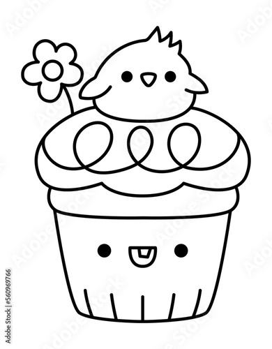 Vector black and white Easter cupcake for kids. Cute kawaii cup cake with icing, flower and chick on top. Funny cartoon character. Traditional spring holiday dessert illustration or coloring page.