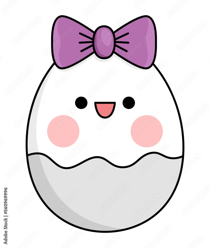 Vector kawaii egg icon for kids. Cute Easter symbol illustration. Funny cartoon character. Adorable spring smiling clipart with bow and pink cheeks. Vector kawaii egg icon for kids. Cute Easter symbol illustration. Funny cartoon character. Adorable spring smiling clipart with bow and pink cheeks.