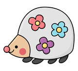 Vector kawaii hedgehog icon for kids. Cute illustration. Funny cartoon character. Adorable grey clipart animal with flowers.