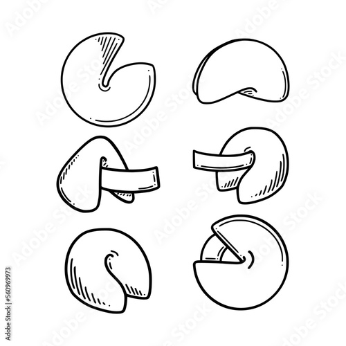 Chinese fortune cookies vector illustration. Chinese New year dessert prophecy cookie in doodle style.