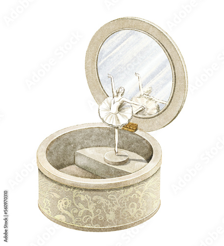 Watercolor vintage antique music box for jewelry with mirror and dancing ballerina isolated on white background. Hand drawn illustration sketch